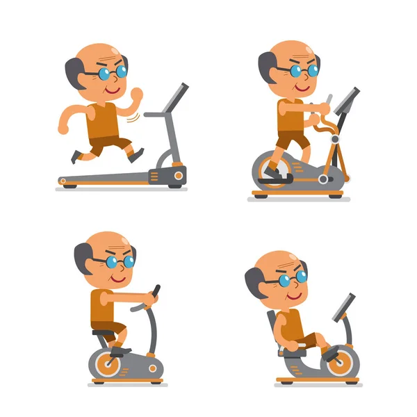 Cartoon oude man met fitnessapparaten — Stockvector