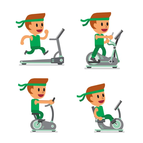 Cartoon sport man with exercise machines — Stock Vector