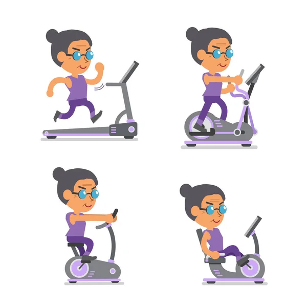 Cartoon old woman with exercise machines — Stock Vector