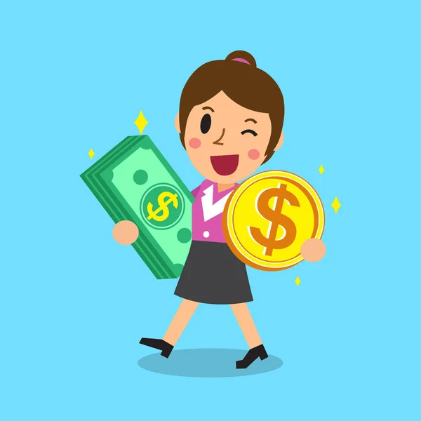 Femme d'affaires portant pile d'argent et pièce — Image vectorielle