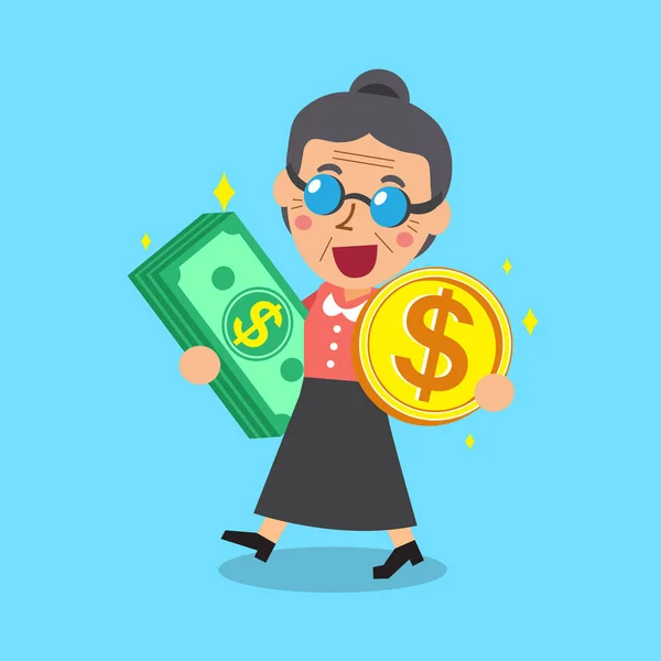 Femme âgée portant pile d'argent et pièce de monnaie — Image vectorielle
