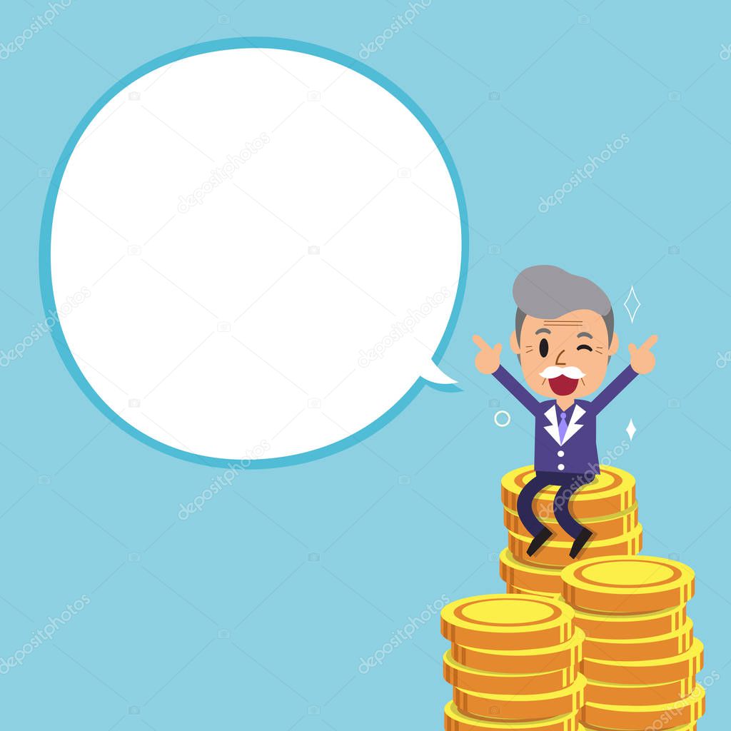 Businessman and big money stack with white speech bubble