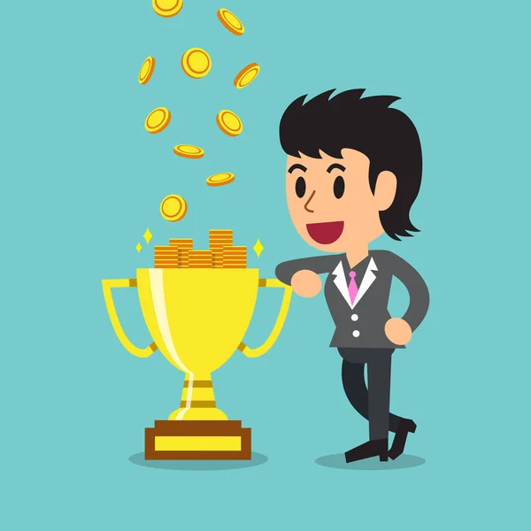 Kreslený podnikatelka vydělávat peníze s trofejí — Stockový vektor