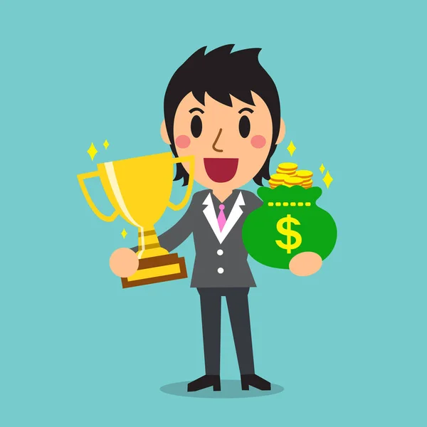 Kreslený podnikatelka drží vak trofej a peníze — Stockový vektor