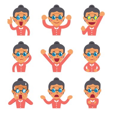 Çizgi film kadın kıdemli gösteren farklı duygular yüzler