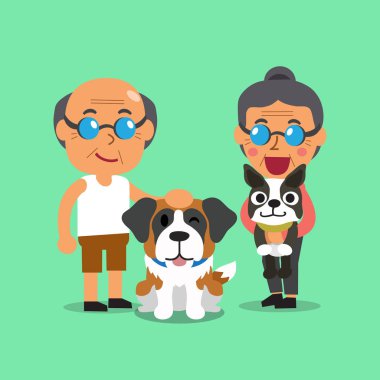 Cartoon senior people with dogs clipart
