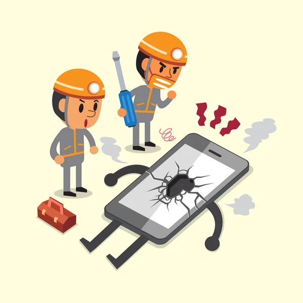 Cartoon technici en een gebroken smartphone — Stockvector