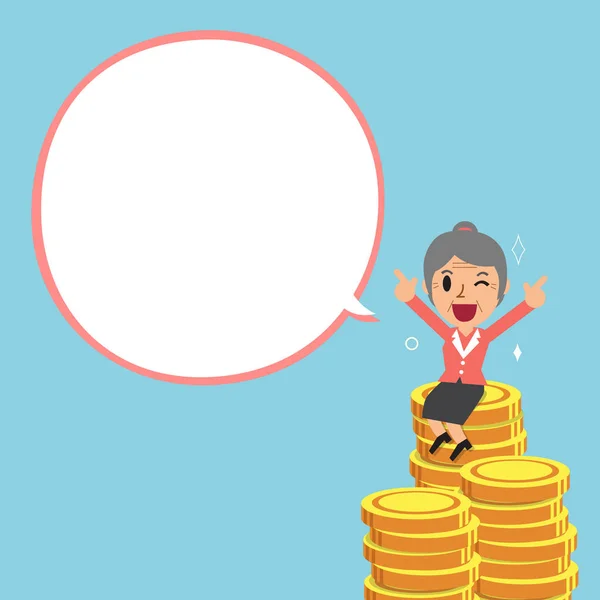 Cartoon Senior Geschäftsfrau und das große Geld stapeln sich mit weißer Sprechblase — Stockvektor