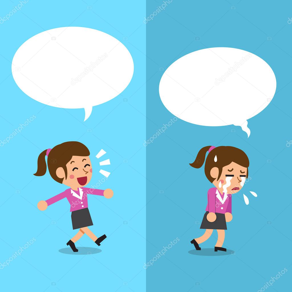 Cartoon businesswoman expressing different emotions with white speech bubbles