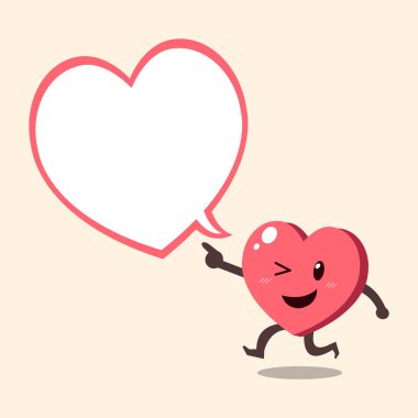 Çizgi film kalp karakteri ile beyaz konuşma balonu