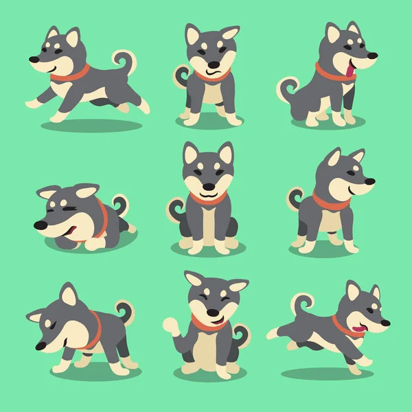 Desenhos animados personagem preto shiba inu cão poses — Vetor de Stock