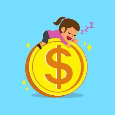 Büyük bir sikke üzerinde uyuya karikatür işkadını