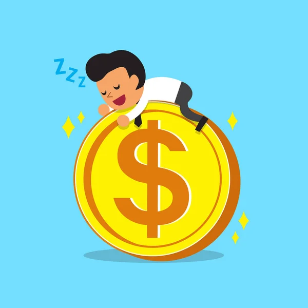 Γελοιογραφία επιχειρηματία να κοιμηθούν σε ένα μεγάλο νόμισμα — Διανυσματικό Αρχείο