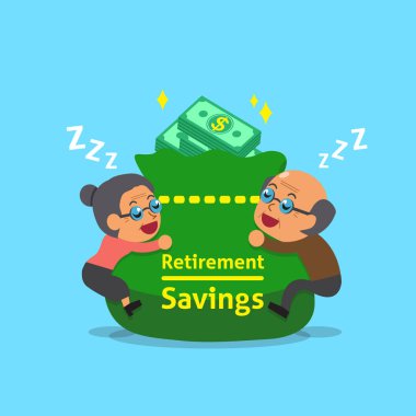 Çizgi film yaşlı adam ve yaşlı emeklilik tasarrufu ile uykuya düşen kadın çantası