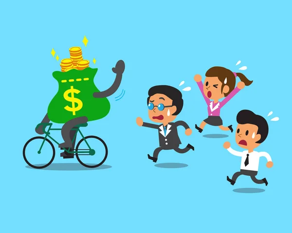 Bolsa de dinero de dibujos animados paseos en bicicleta y equipo de negocios — Vector de stock