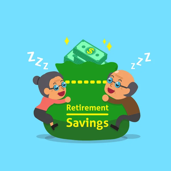 Мультяшний старий і стара жінка засинає з мішком пенсійних заощаджень — стоковий вектор