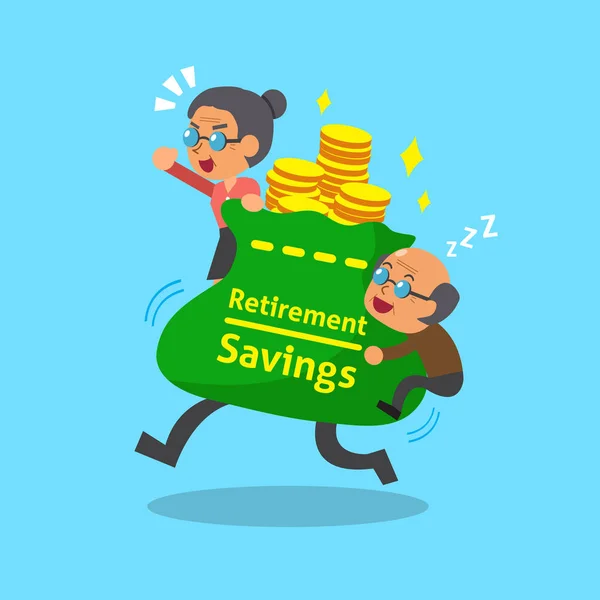 Desenhos animados homem velho e mulher velha com grande saco de poupança de aposentadoria — Vetor de Stock
