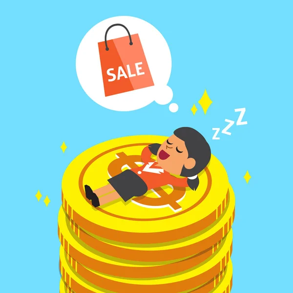 Cartoon zakenvrouw in slaap vallen op geld munten en droom over winkelen — Stockvector