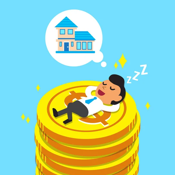 Homem de negócios de desenhos animados adormecendo em moedas de dinheiro e sonhe com a casa —  Vetores de Stock
