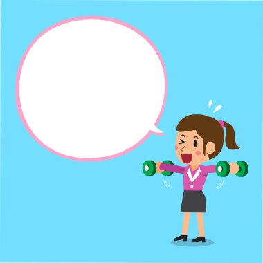 Çizgi film işkadını dumbbell lateral raise beyaz konuşma balonu ile eğitim yapıyor