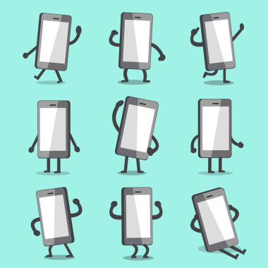 Çizgi film smartphone karakter pozlar boş ekran ile