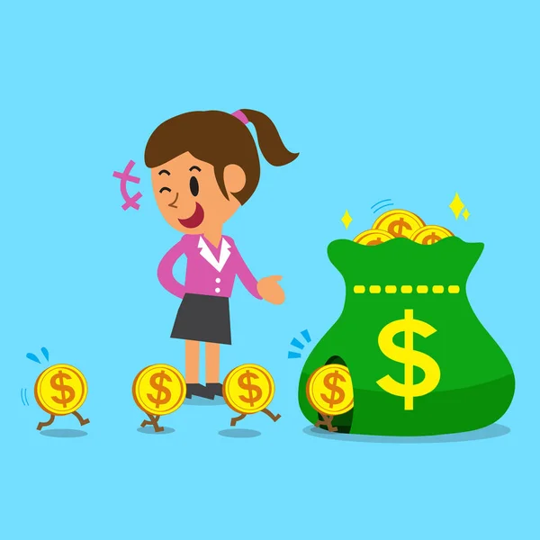 Concept d'entreprise dessin animé une femme d'affaires gagnant de l'argent — Image vectorielle
