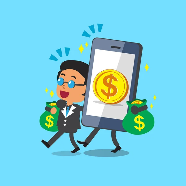 Smartphone de dibujos animados ayudar a jefe de negocios para ganar dinero — Vector de stock