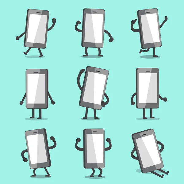 Personaje del teléfono inteligente de dibujos animados posa con pantalla vacía — Vector de stock