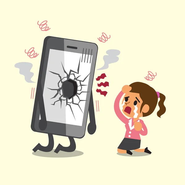Desenhos animados empresária chorar com smartphone tela quebrada — Vetor de Stock