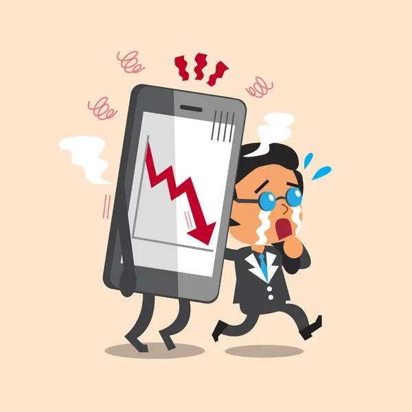 与股票市场箭头显示在智能手机上的卡通业务老板哭 — 图库矢量图片