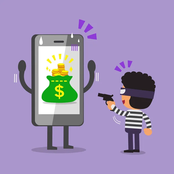 Ladrón de dibujos animados robando dinero desde el teléfono inteligente — Vector de stock
