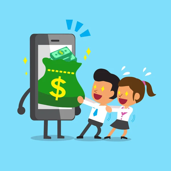 Cartoon equipe de negócios puxando saco de dinheiro do smartphone —  Vetores de Stock
