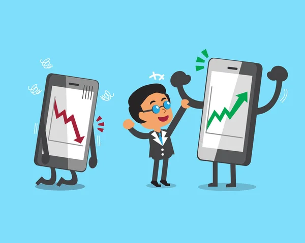Empresario de dibujos animados y teléfonos inteligentes con flechas del mercado de valores — Vector de stock
