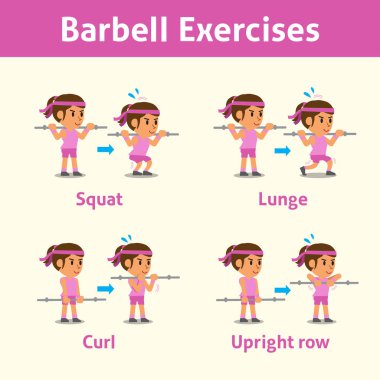 Bir kadının sağlık ve fitness için halter egzersiz adım yapması dizi karikatür