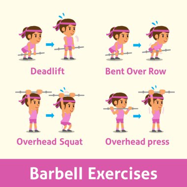 Bir kadının sağlığı için halter egzersiz adım yapması dizi karikatür