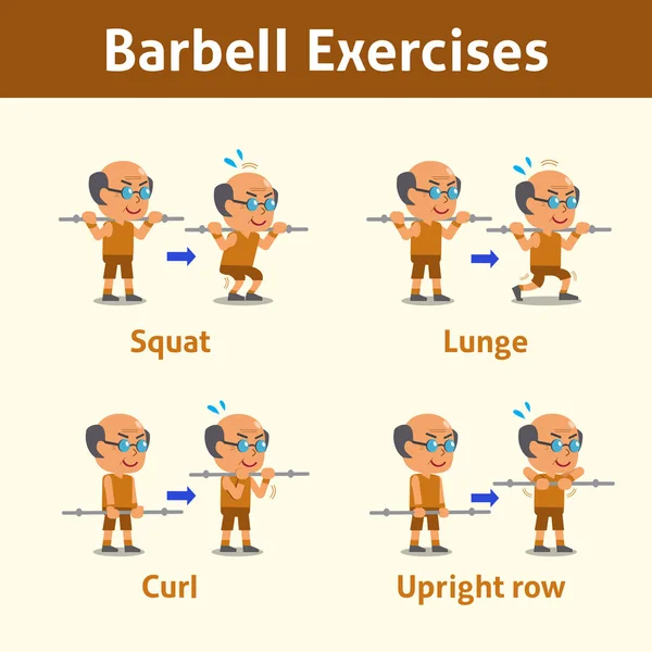 Мультяшний набір старого робить крок вправи барбелла для здоров'я та фізичної підготовки — стоковий вектор