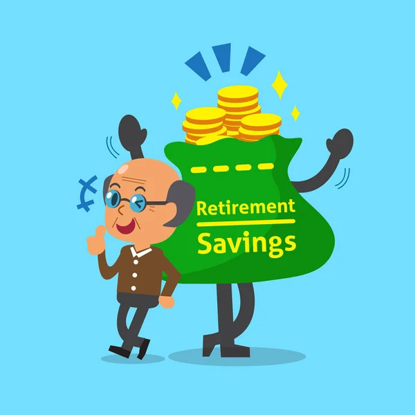 Γελοιογραφία γέρος με συνταξιοδότηση εξοικονόμηση τσάντα και κέρματα — Διανυσματικό Αρχείο