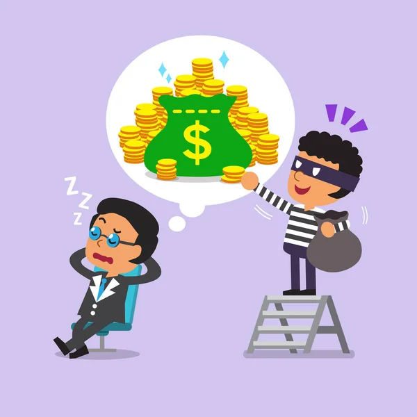 Kreslený zloděj krade peníze ze snu podnikatel — Stockový vektor