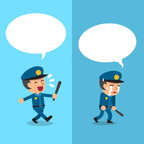 Poliziotto dei cartoni animati che esprime emozioni diverse con bolle di discorso bianche — Vettoriale Stock
