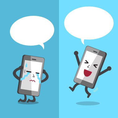Beyaz konuşma balonları ile farklı duygular ifade karikatür smartphone