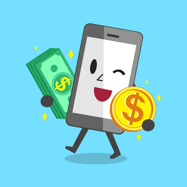 Smartphone transportando pilha de dinheiro e moeda —  Vetores de Stock