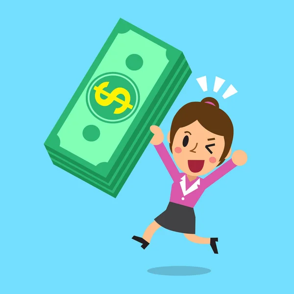 Dessin animé d'une femme d'affaires avec pile d'argent — Image vectorielle
