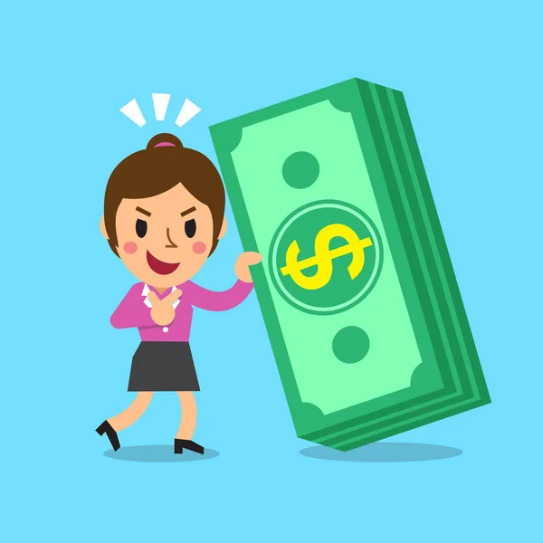 Cartoni animati donna d'affari con stack di soldi — Vettoriale Stock