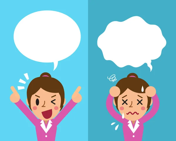 Cartoon business woman expressing different emotions with speech bubbles — стоковый вектор