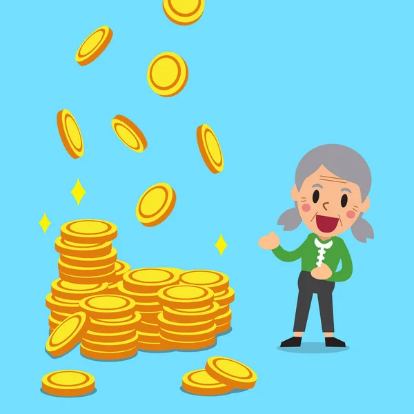 Dibujos animados una mujer mayor con monedas de dinero — Vector de stock