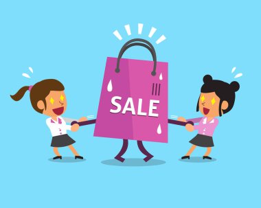 Büyük alışveriş çantası çekerek çizgi film iş kadınları