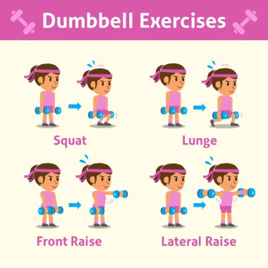 Bir kadının sağlık ve fitness için dumbbell egzersiz adım yapması dizi karikatür