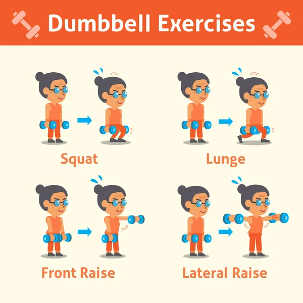 Мультфильм набор пожилая женщина делает гантели шаг упражнения для здоровья и фитнеса — стоковый вектор