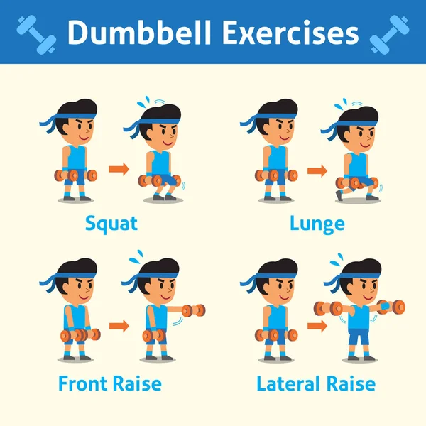 Мультфильм набор человек делает гантели шаг упражнения для здоровья и фитнеса — стоковый вектор
