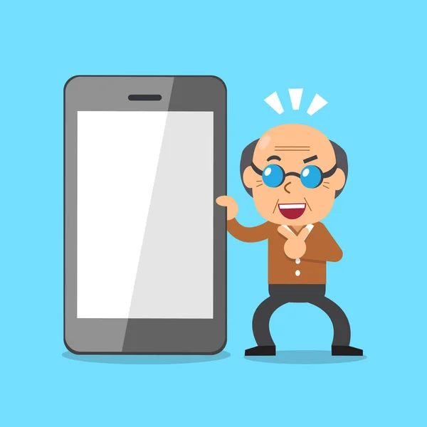 Cartoon senior uomo e smartphone — Vettoriale Stock